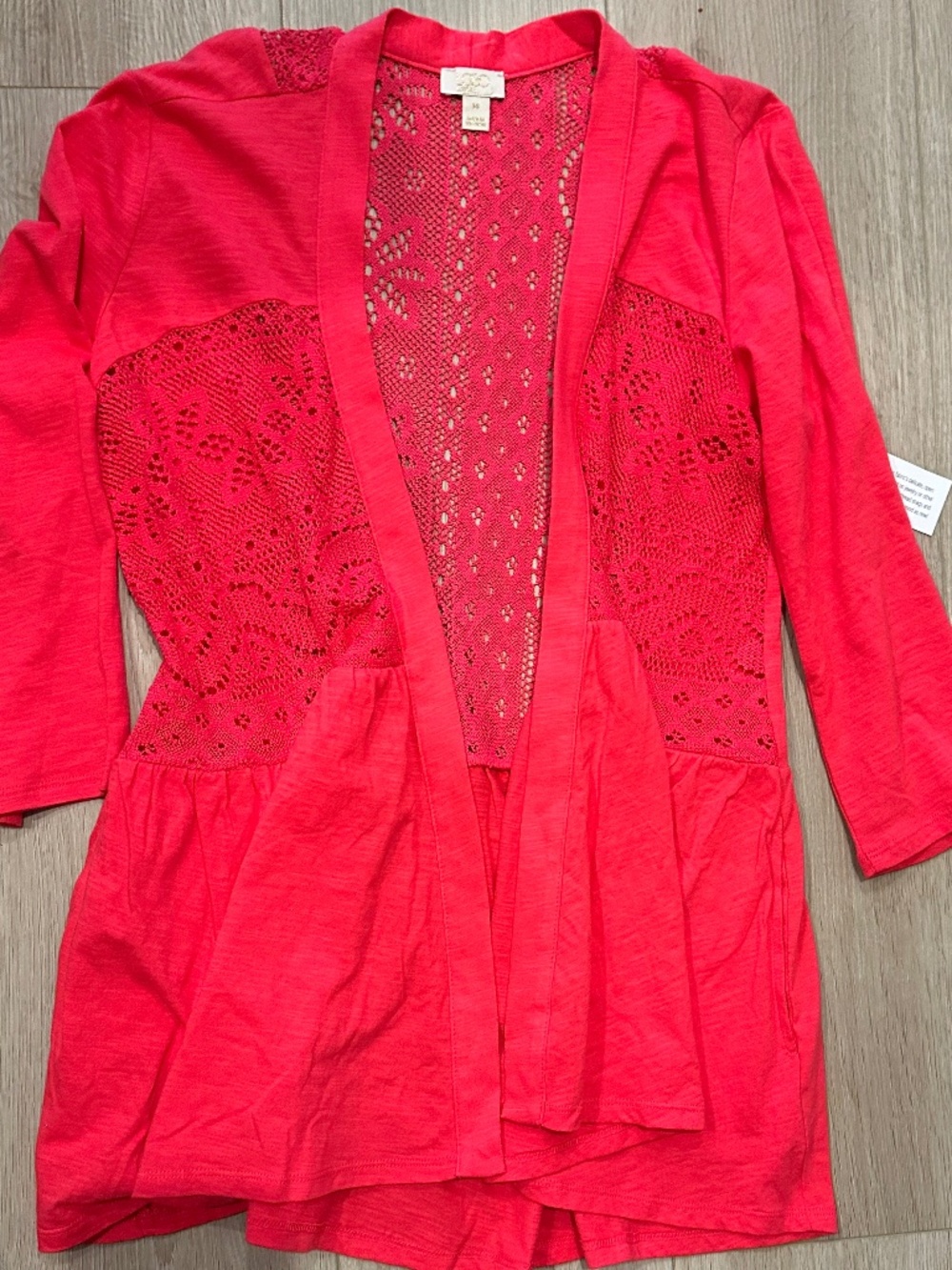 LOGO Lavish Bright Coral Red Open Knit Cardigan Size XS